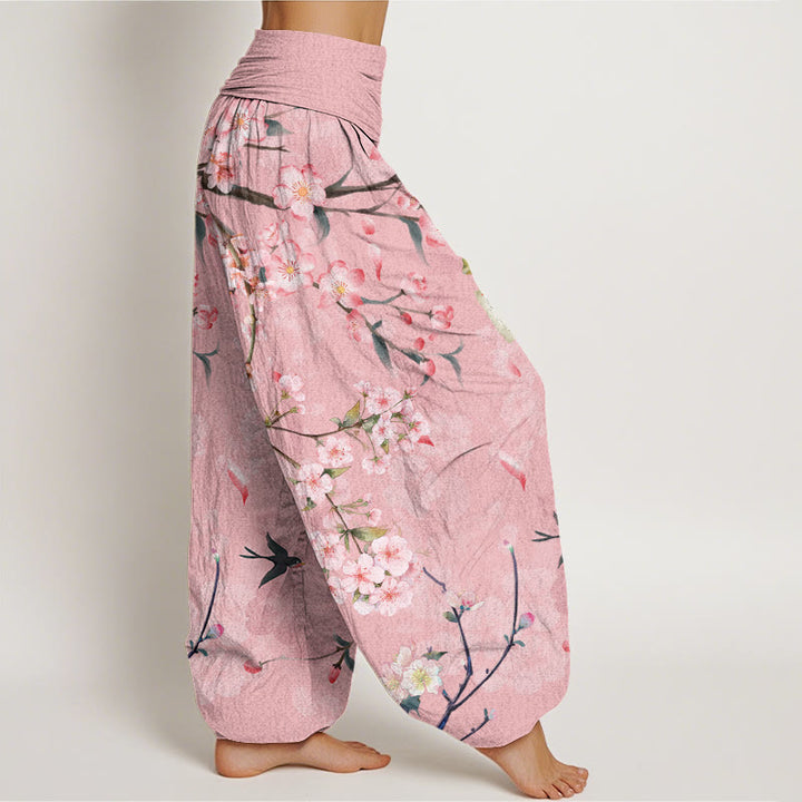 Buddha Stones Peach Blossoms Flying Geese Pattern Women's Elastic Waist Harem Pants - image 5