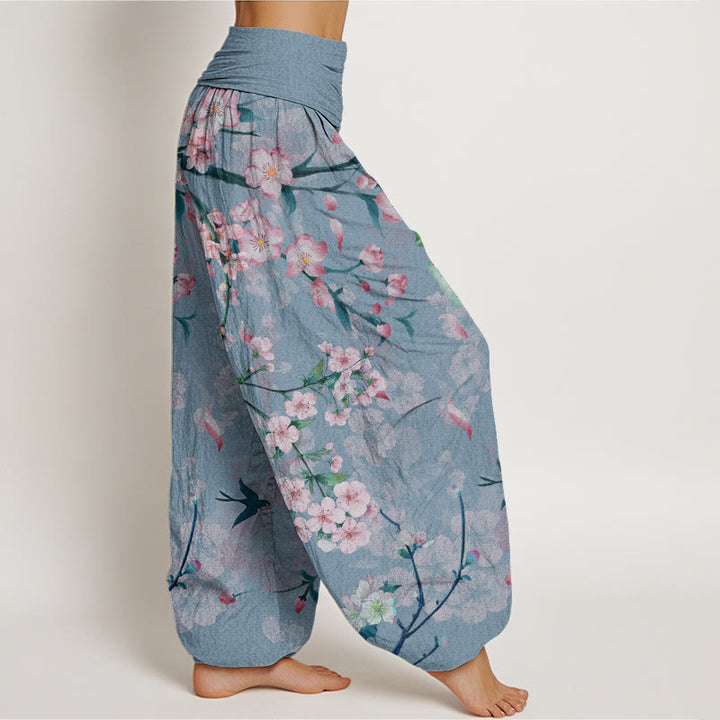 Buddha Stones Cotton Peach Blossoms Flying Geese Pattern Women's Elastic Waist Harem Pants - image 8