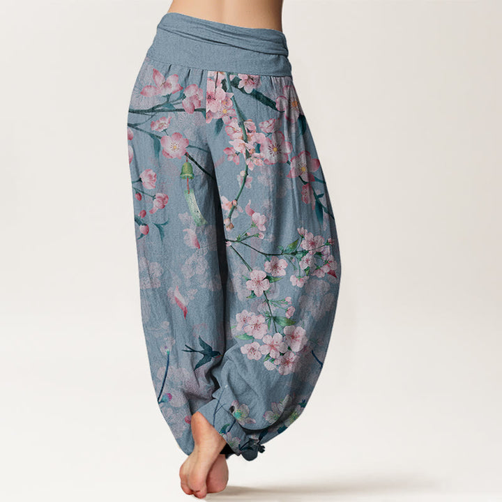 Buddha Stones Peach Blossoms Flying Geese Pattern Women's Elastic Waist Harem Pants - image 9
