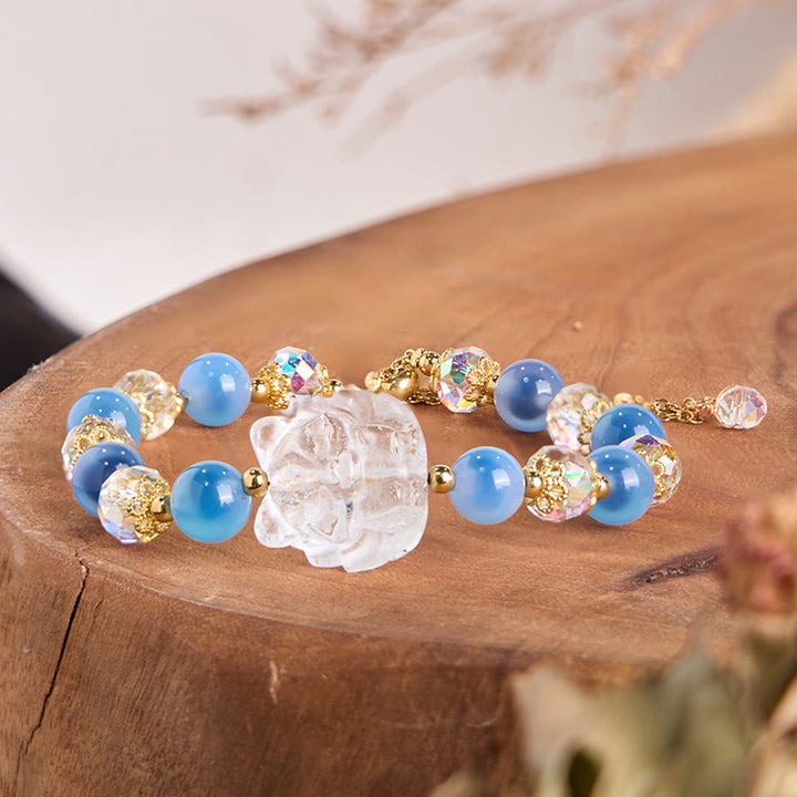 Buddha Stones Natural Blue Candy Agate White Crystal Nine Tailed Fox Harmony Bracelet