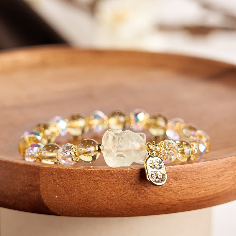 Buddha Stones Natural Citrine White Crystal Nine Tailed Fox Attracting Wealth Charm Energy Bracelet