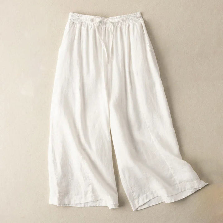 Buddha Stones Plain Color Cropped Pants Cotton Linen Women's Wide Leg Pants With Pockets