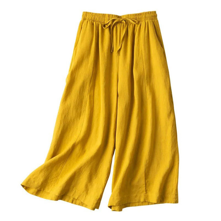 Buddha Stones Plain Color Cropped Pants Cotton Linen Women's Wide Leg Pants With Pockets