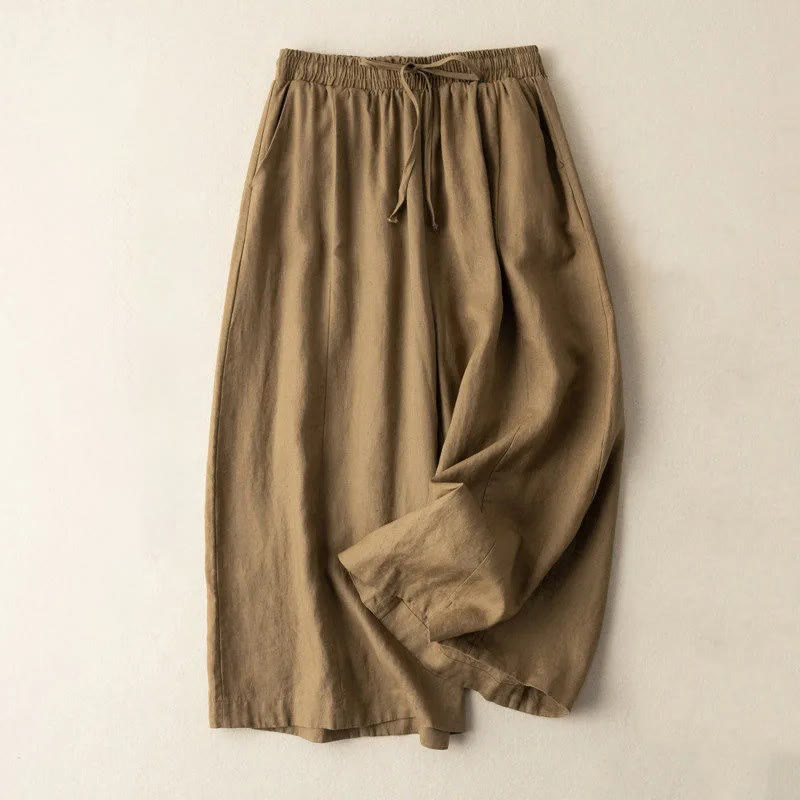 Buddha Stones Plain Color Cropped Pants Cotton Linen Women's Wide Leg Pants With Pockets