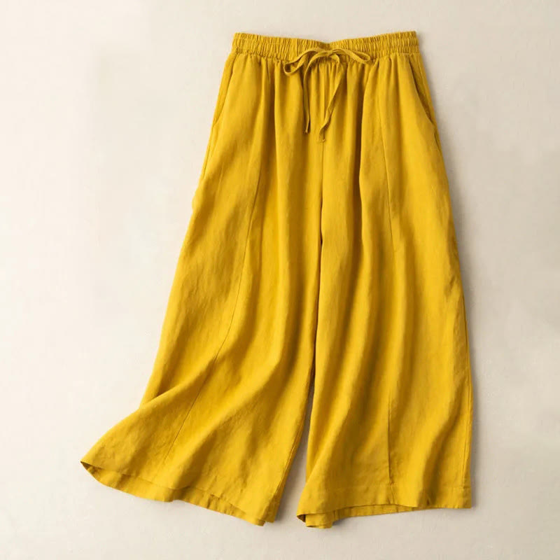 Buddha Stones Plain Color Cropped Pants Cotton Linen Women's Wide Leg Pants With Pockets