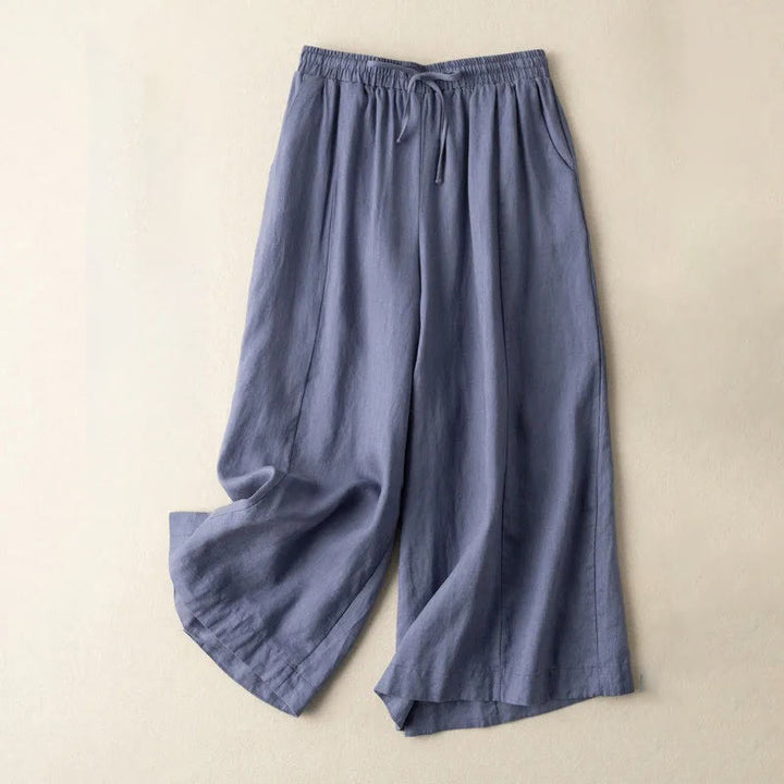 Buddha Stones Plain Color Cropped Pants Cotton Linen Women's Wide Leg Pants With Pockets