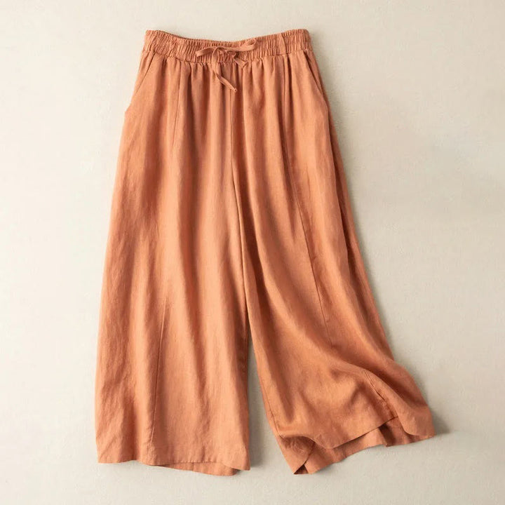 Buddha Stones Plain Color Cropped Pants Cotton Linen Women's Wide Leg Pants With Pockets