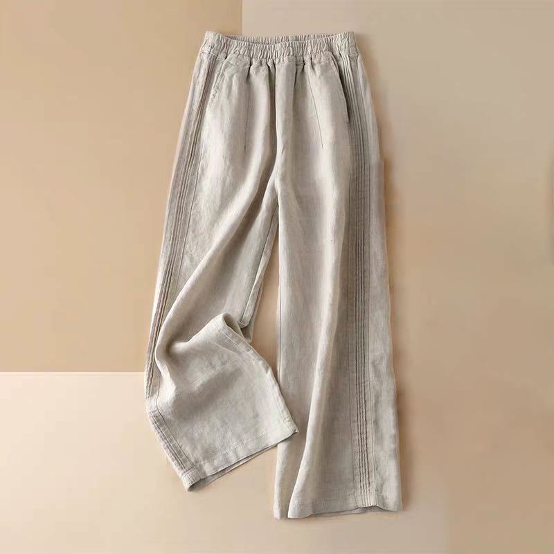 Buddha Stones Casual Plain Color Side Pleats Cotton Linen Women's Wide Leg Pants With Pockets