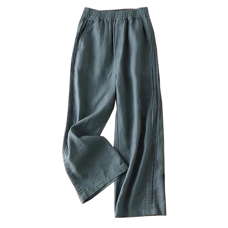 Buddha Stones Casual Plain Color Side Pleats Cotton Linen Women's Wide Leg Pants With Pockets