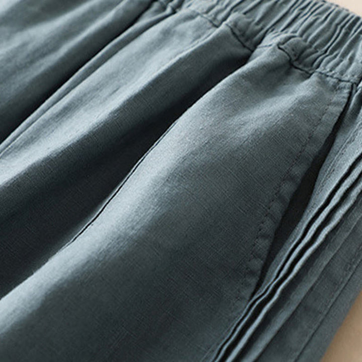 Buddha Stones Casual Plain Color Side Pleats Cotton Linen Women's Wide Leg Pants With Pockets