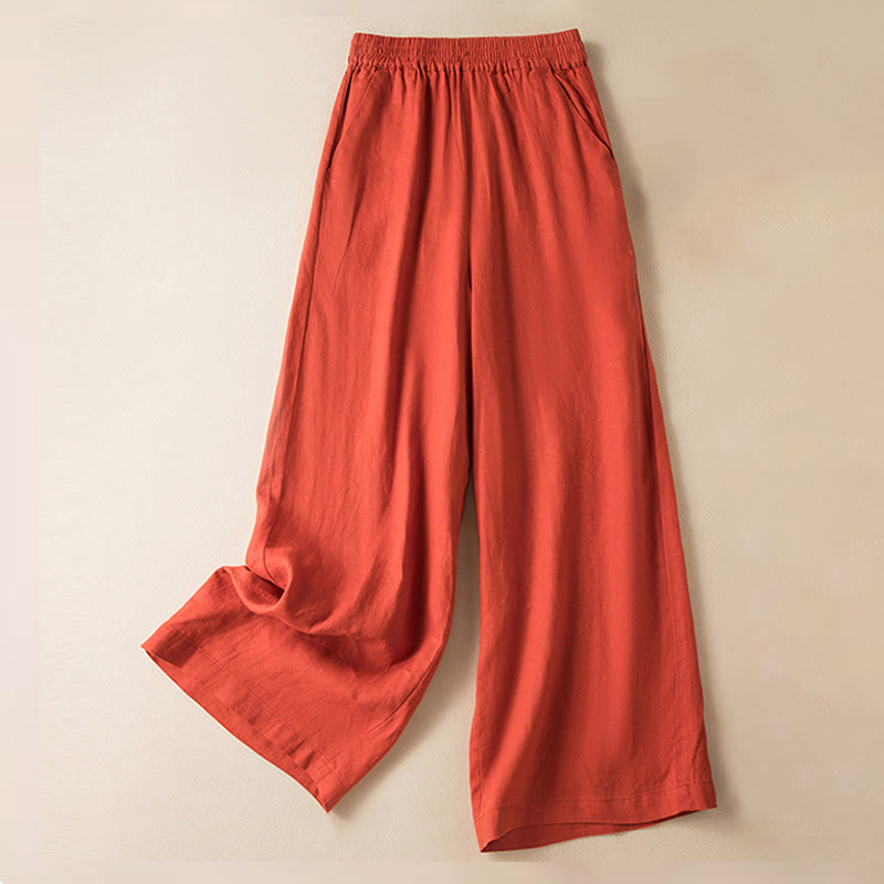 Buddha Stones Casual Solid Color Cotton Linen Women's Wide Leg Pants With Pockets