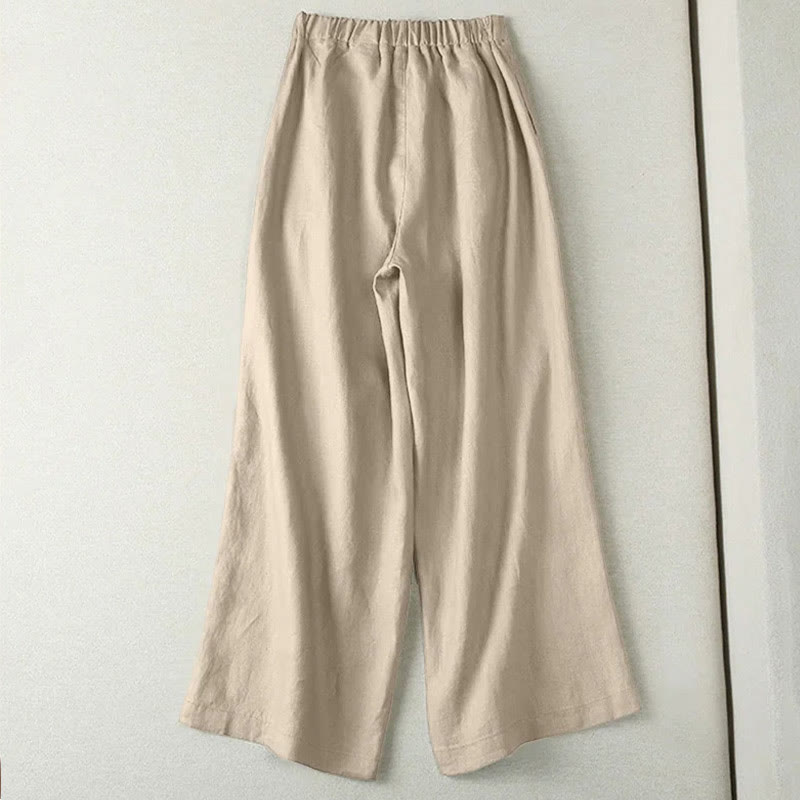 Buddha Stones Casual Solid Color Drawstring Cotton Linen Women's Wide Leg Pants