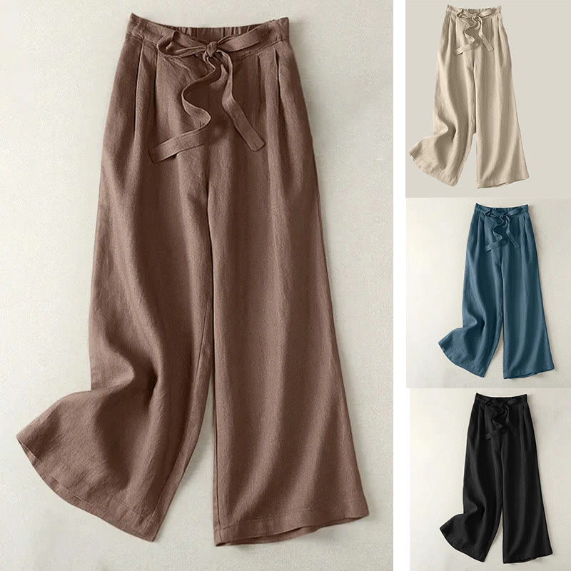 Buddha Stones Casual Solid Color Drawstring Cotton Linen Women's Wide Leg Pants