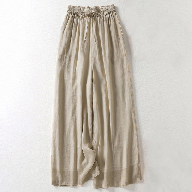 Buddha Stones Solid Color Lace-up Cotton Linen Women's Wide Leg Pants