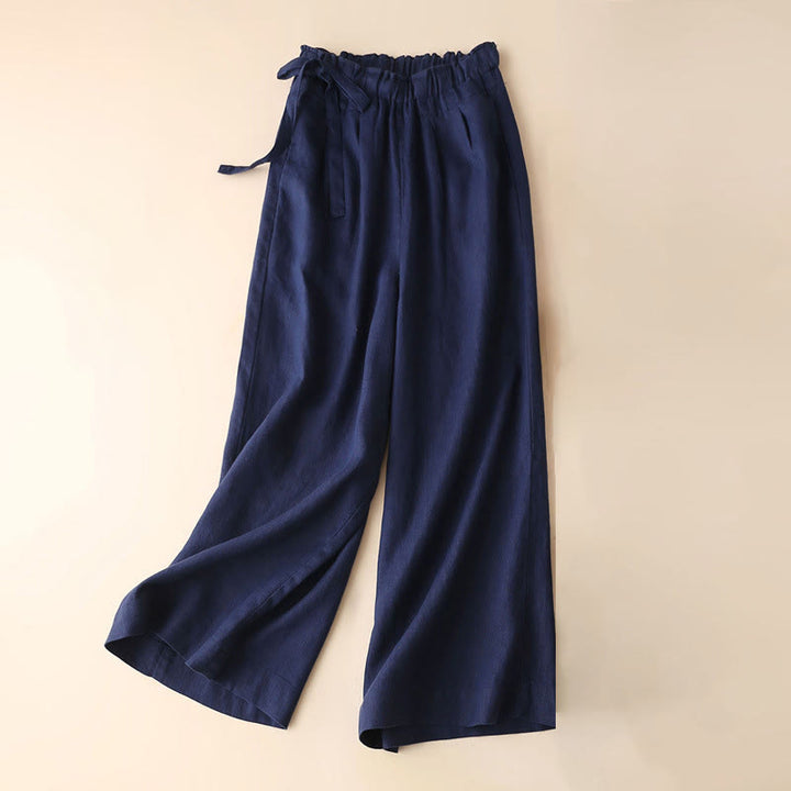 Buddha Stones Casual Plain Color Lace-up Cotton Linen Women's Wide Leg Pants