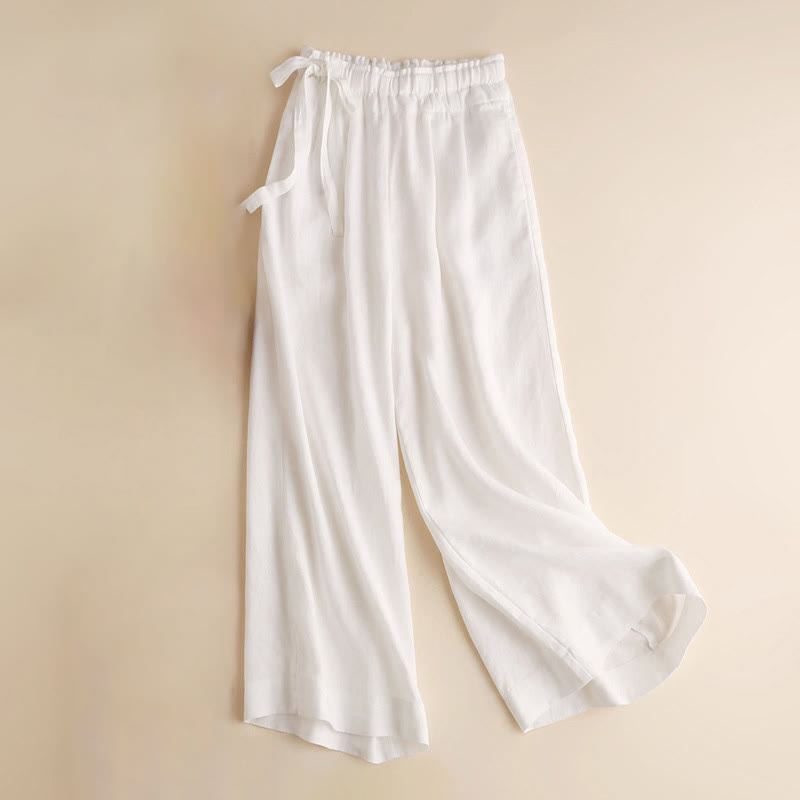 Buddha Stones Casual Plain Color Lace-up Cotton Linen Women's Wide Leg Pants - White - US12，UK/AU16，EU44 (3XL) - image 30