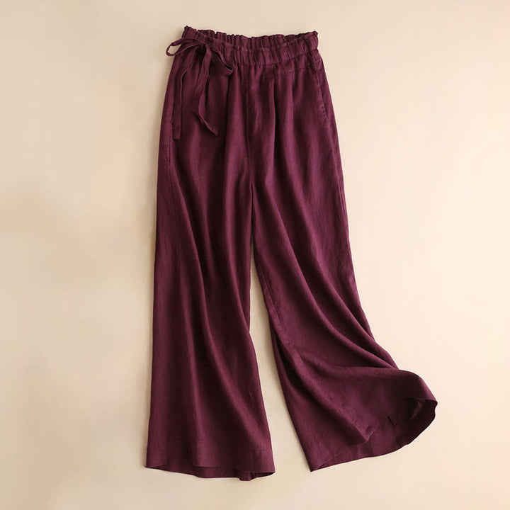 Buddha Stones Casual Plain Color Lace-up Cotton Linen Women's Wide Leg Pants