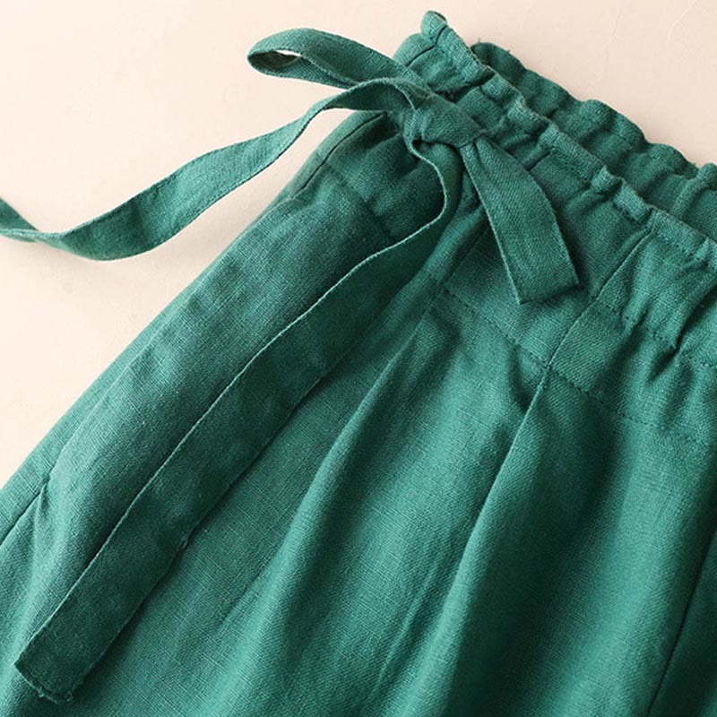 Buddha Stones Casual Plain Color Lace-up Cotton Linen Women's Wide Leg Pants - image 10