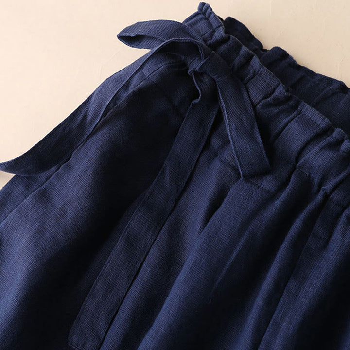 Buddha Stones Casual Plain Color Lace-up Cotton Linen Women's Wide Leg Pants - image 7