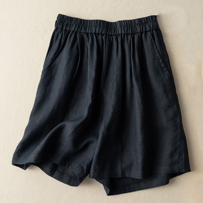 Buddha Stones Casual Plain Color Cotton Linen Women's Shorts With Pockets