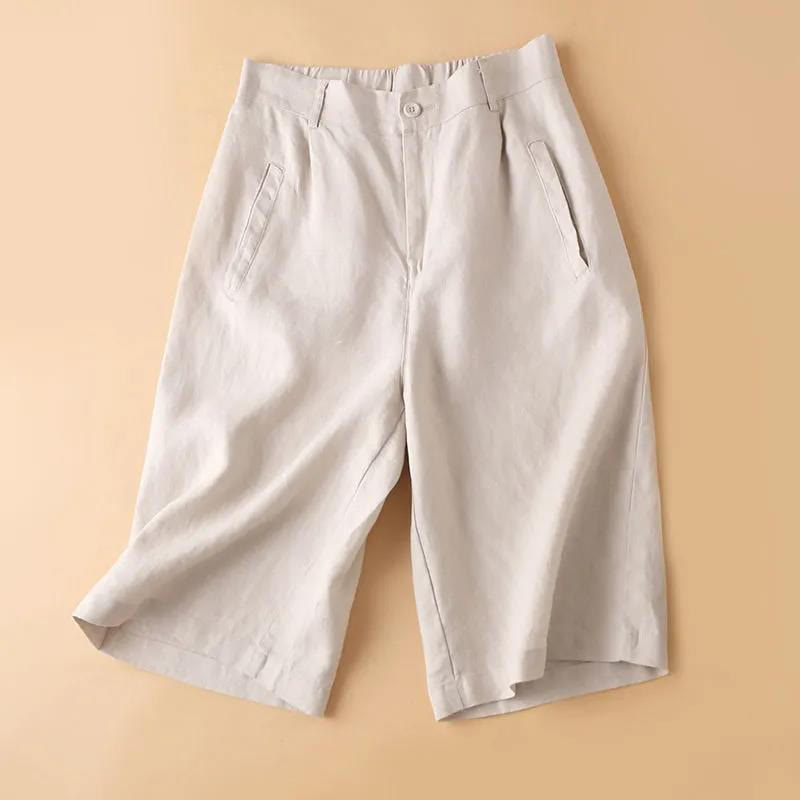 Buddha Stones Plain Color Button Zipper Cotton Women's Shorts With Pockets - Beige - US12，UK/AU16，EU44 (3XL) - image 9