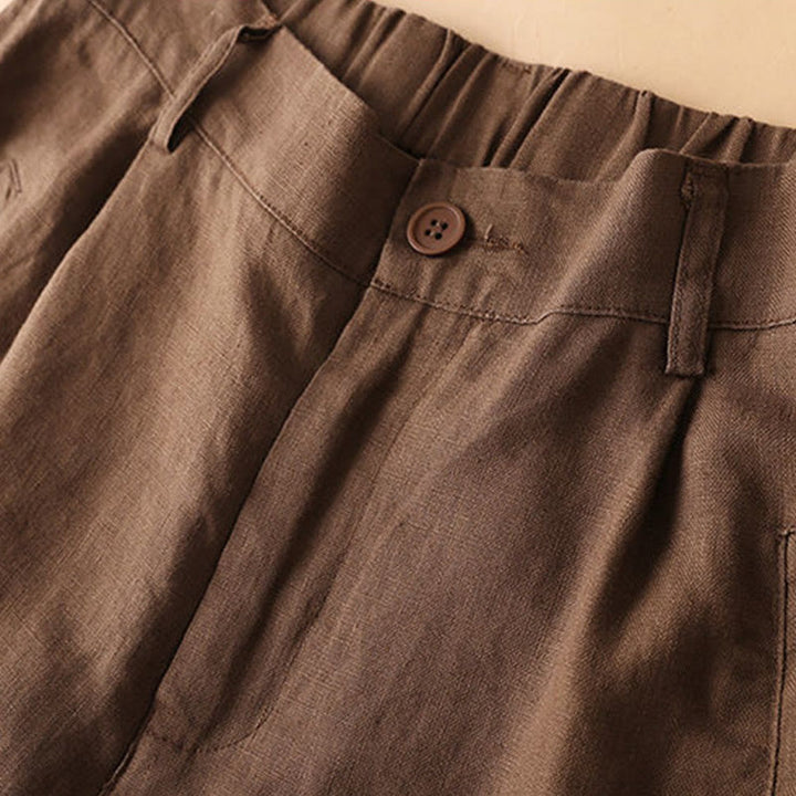 Buddha Stones Plain Color Button Zipper Cotton Women's Shorts With Pockets