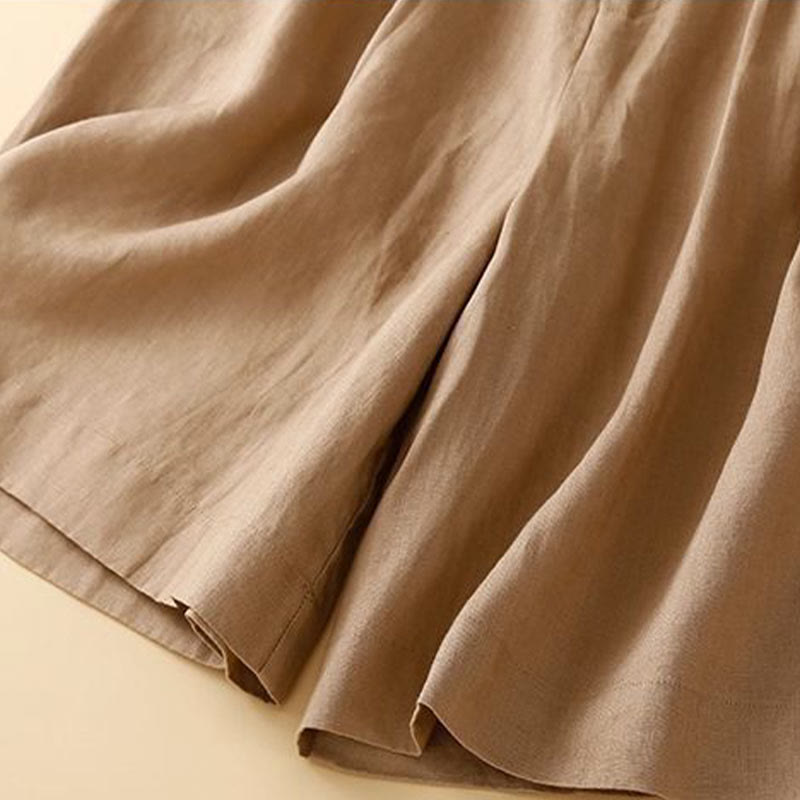 Buddha Stones Plain Color Pleated Zipper Button Cotton Linen Women's Shorts With Pockets - image 8