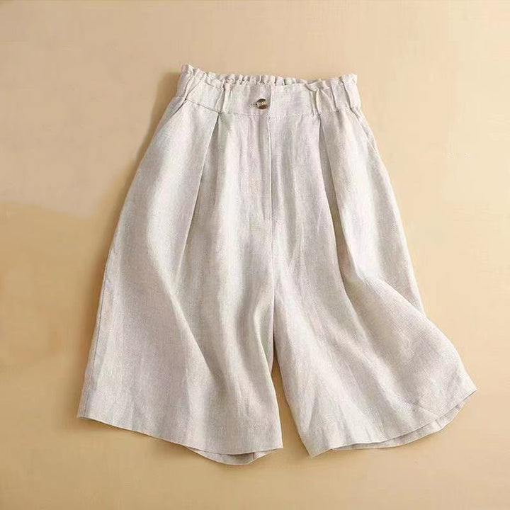 Buddha Stones Plain Color Pleated Zipper Button Cotton Linen Women's Shorts With Pockets