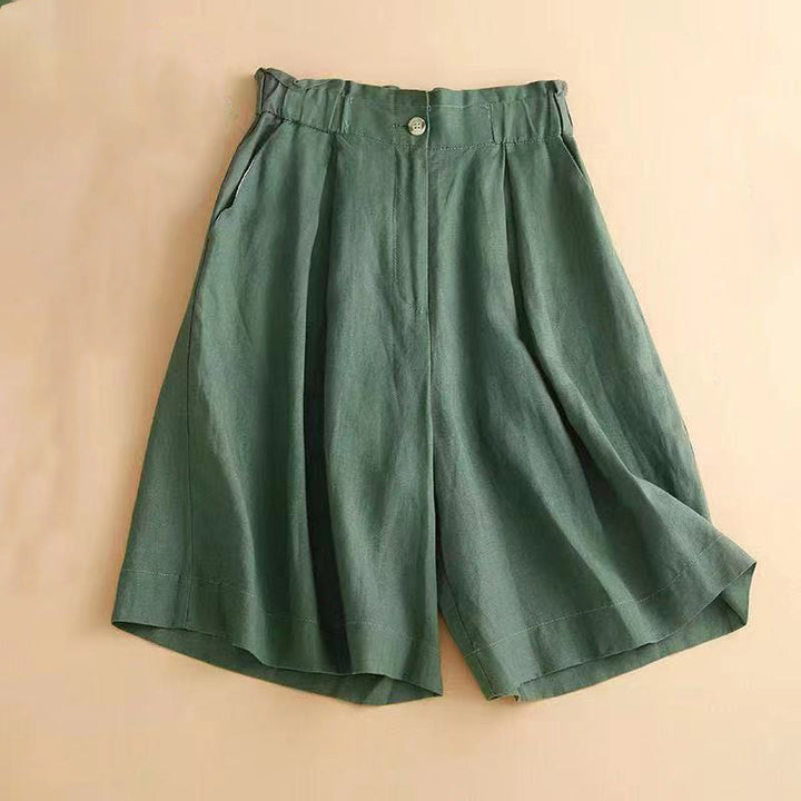 Buddha Stones Plain Color Pleated Zipper Button Cotton Linen Women's Shorts With Pockets