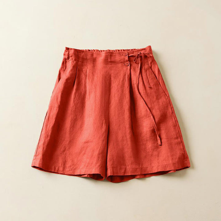 Buddha Stones Solid Color Two Buttons Lace-up Cotton Linen Women's Shorts With Pockets