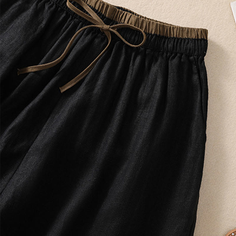Buddha Stones Solid Color Contrast Color Waist Lace-up Cotton Linen Women's Shorts With Pockets - image 10