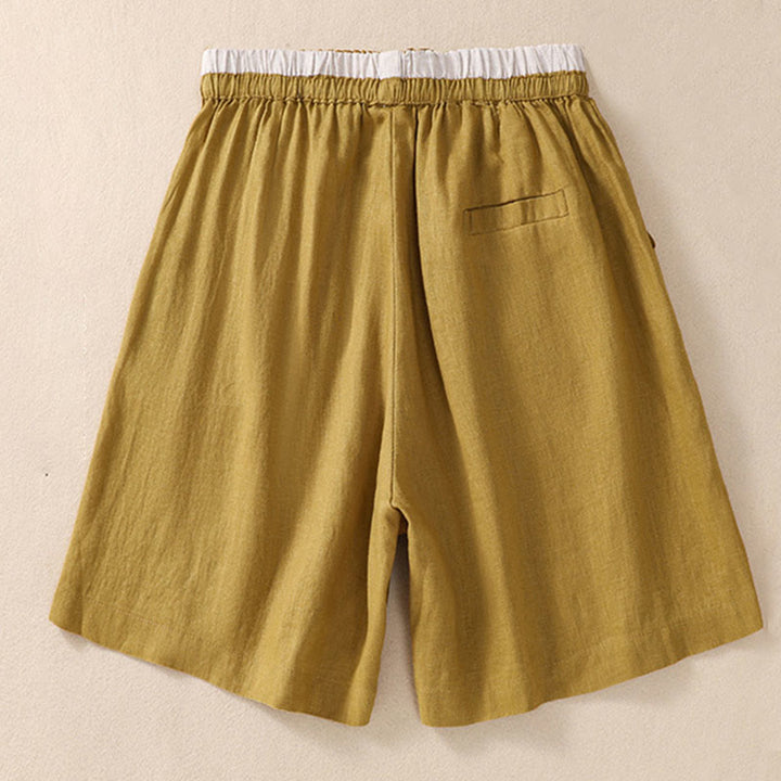 Buddha Stones Solid Color Contrast Color Waist Lace-up Cotton Linen Women's Shorts With Pockets - image 19