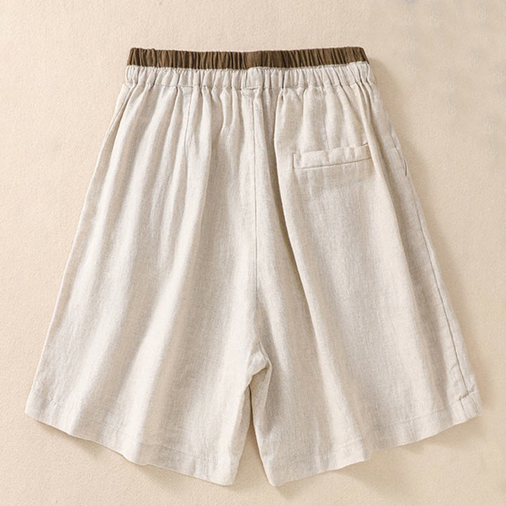 Buddha Stones Solid Color Contrast Color Waist Lace-up Cotton Linen Women's Shorts With Pockets - image 4