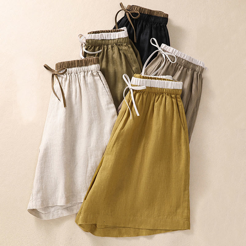 Buddha Stones Solid Color Contrast Color Waist Lace-up Cotton Linen Women's Shorts With Pockets - image 22