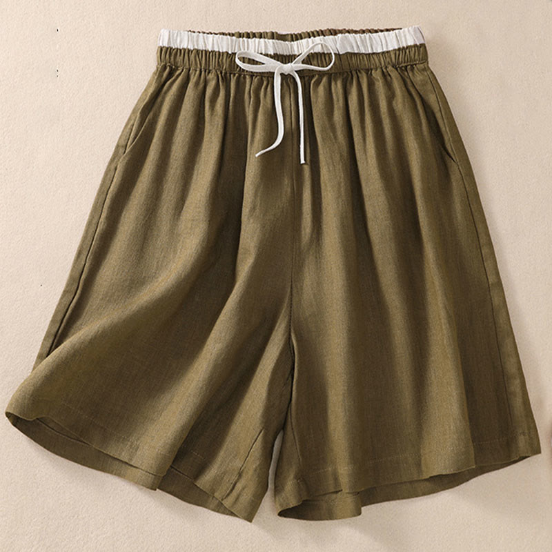 Buddha Stones Solid Color Contrast Color Waist Lace-up Cotton Linen Women's Shorts With Pockets - Olive - US8-10，UK/AU12-14，EU40-42 (2XL) - image 13