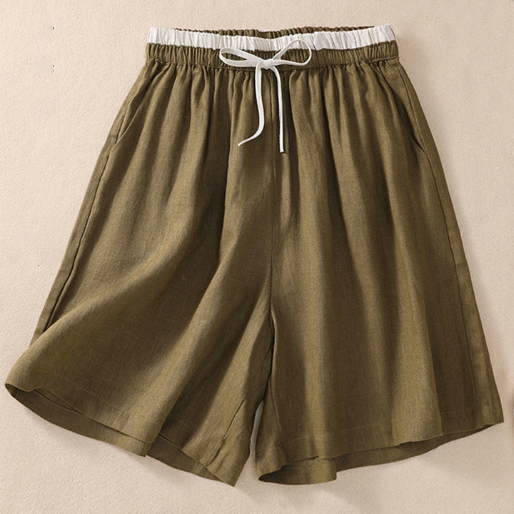 Buddha Stones Solid Color Contrast Color Waist Lace-up Cotton Linen Women's Shorts With Pockets - Olive - US8-10，UK/AU12-14，EU40-42 (2XL) - image 13