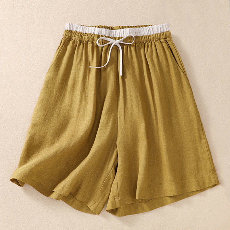 Buddha Stones Solid Color Contrast Color Waist Lace-up Cotton Linen Women's Shorts With Pockets - Gold - US8-10，UK/AU12-14，EU40-42 (2XL) - image 18
