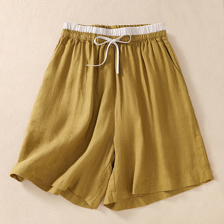 Buddha Stones Solid Color Contrast Color Waist Lace-up Cotton Linen Women's Shorts With Pockets - Gold - US8-10，UK/AU12-14，EU40-42 (2XL) - image 18