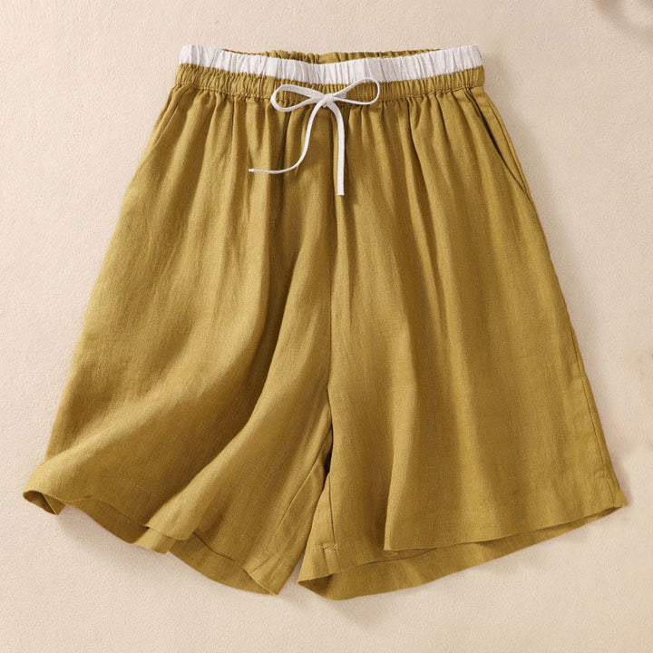 Buddha Stones Solid Color Contrast Color Waist Lace-up Cotton Linen Women's Shorts With Pockets - image 21