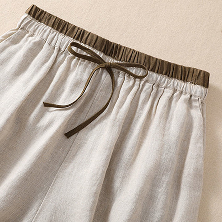 Buddha Stones Solid Color Contrast Color Waist Lace-up Cotton Linen Women's Shorts With Pockets - image 5