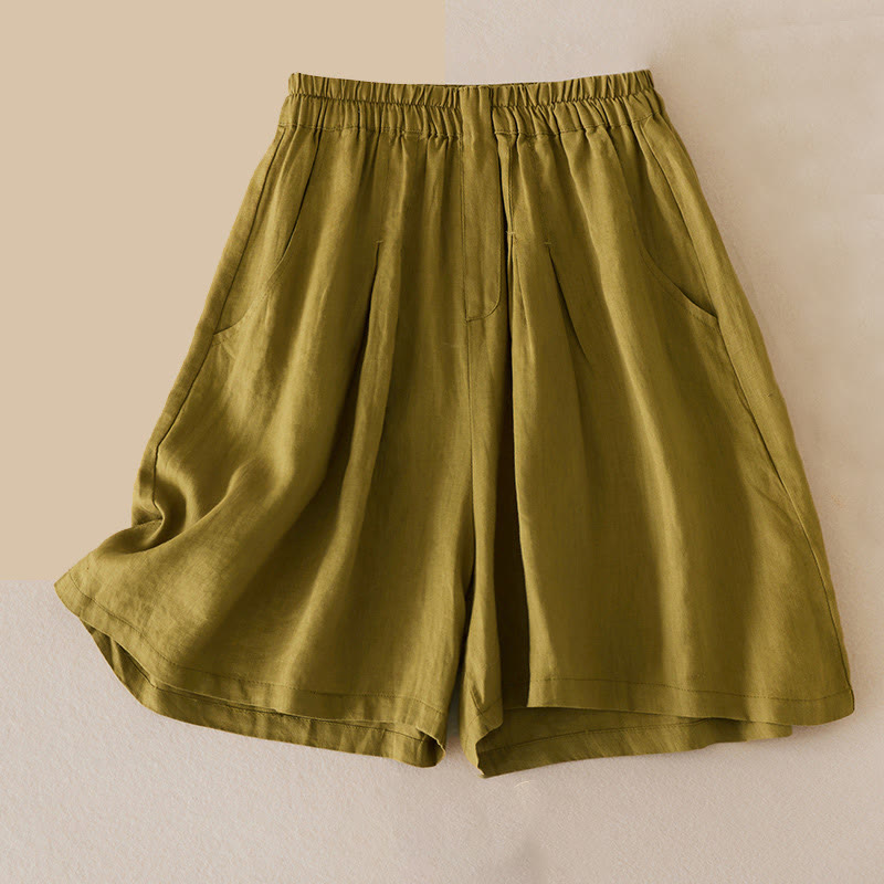 Buddha Stones Casual Solid Plain Color Cotton Linen Women's Shorts With Pockets - YellowGreen - US12，UK/AU16，EU44 (3XL) - image 9