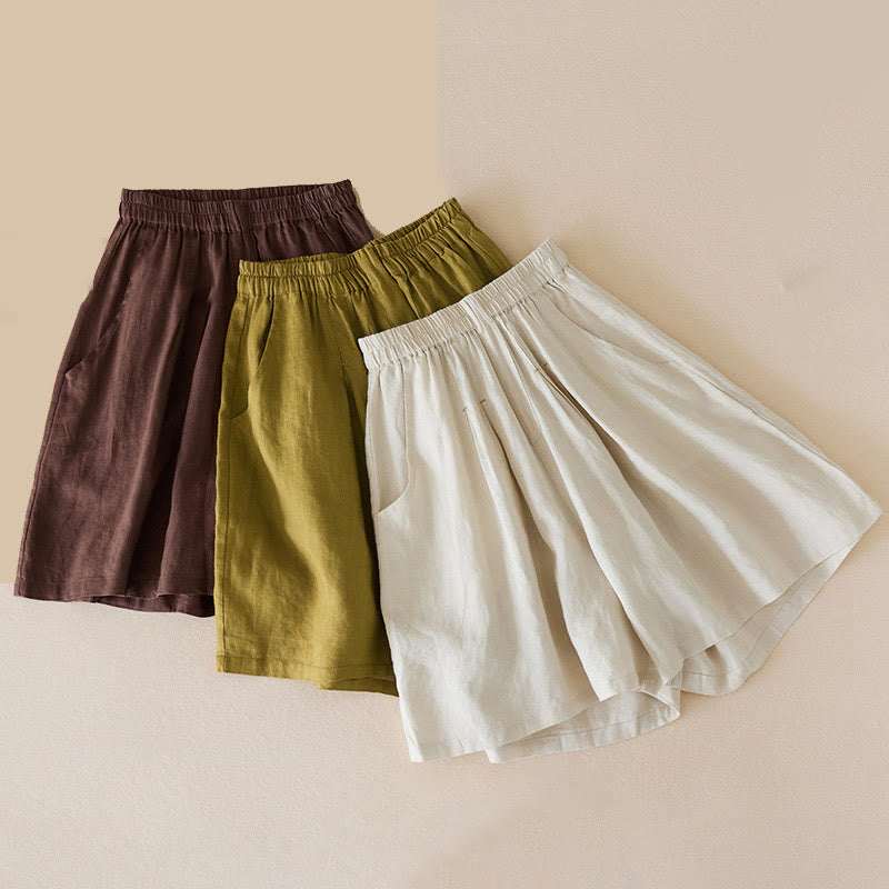 Buddha Stones Casual Solid Plain Color Cotton Linen Women's Shorts With Pockets - image 1