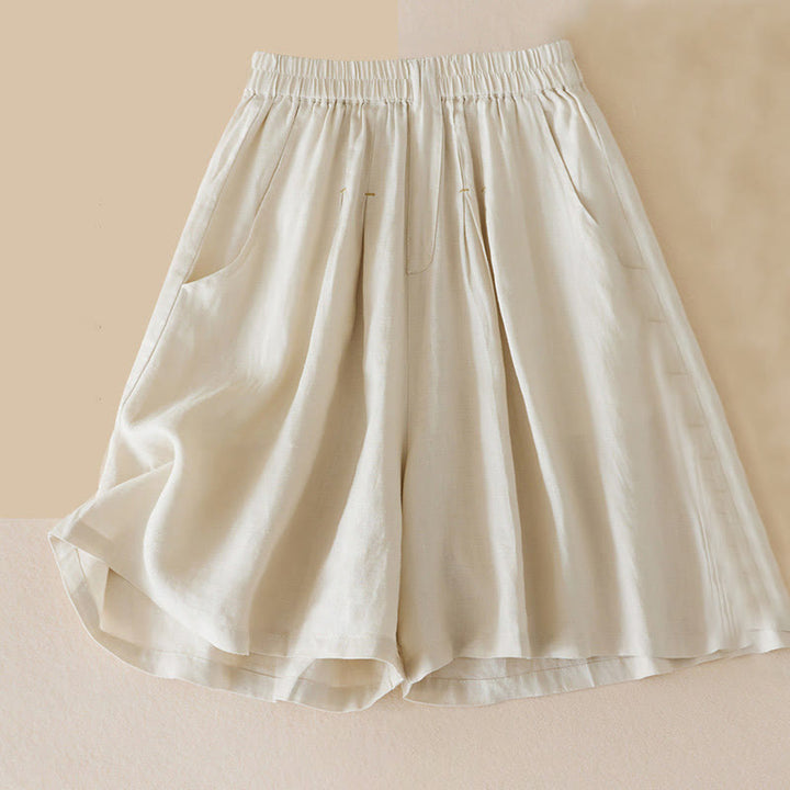 Buddha Stones Casual Solid Plain Color Cotton Linen Women's Shorts With Pockets - Beige - US12，UK/AU16，EU44 (3XL) - image 0
