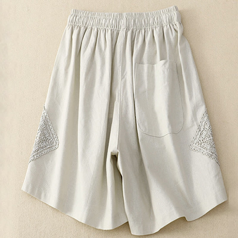 Buddha Stones Casual Solid Color Side Hollow Design Lace-up Cotton Linen Women's Shorts With Pockets