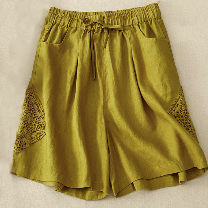 Buddha Stones Casual Solid Color Side Hollow Design Lace-up Cotton Linen Women's Shorts With Pockets