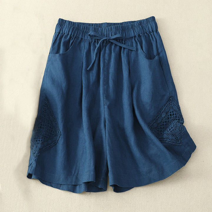 Buddha Stones Casual Solid Color Side Hollow Design Lace-up Cotton Linen Women's Shorts With Pockets