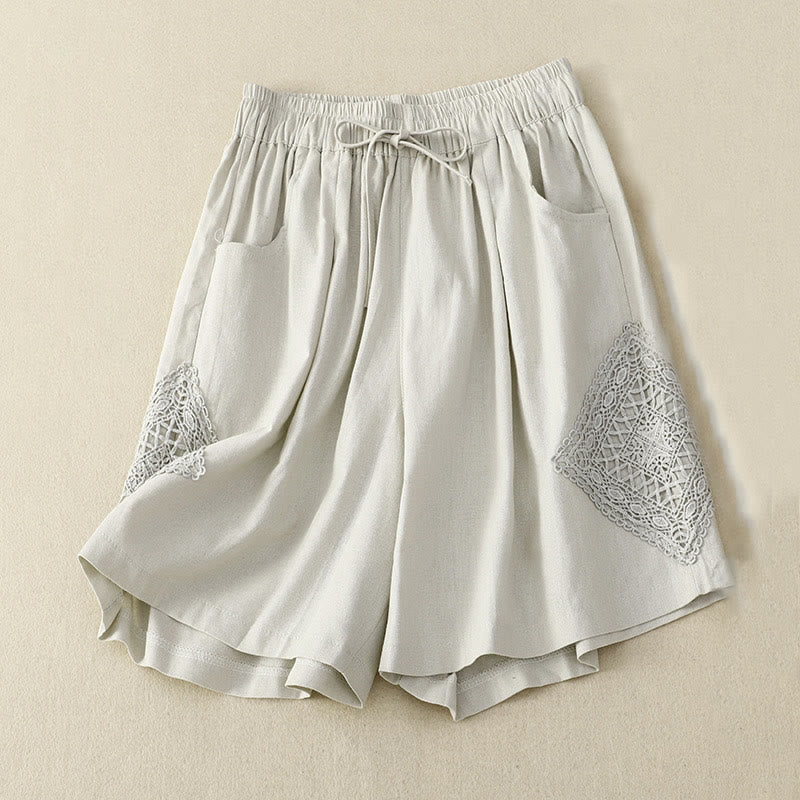 Buddha Stones Casual Solid Color Side Hollow Design Lace-up Cotton Linen Women's Shorts With Pockets