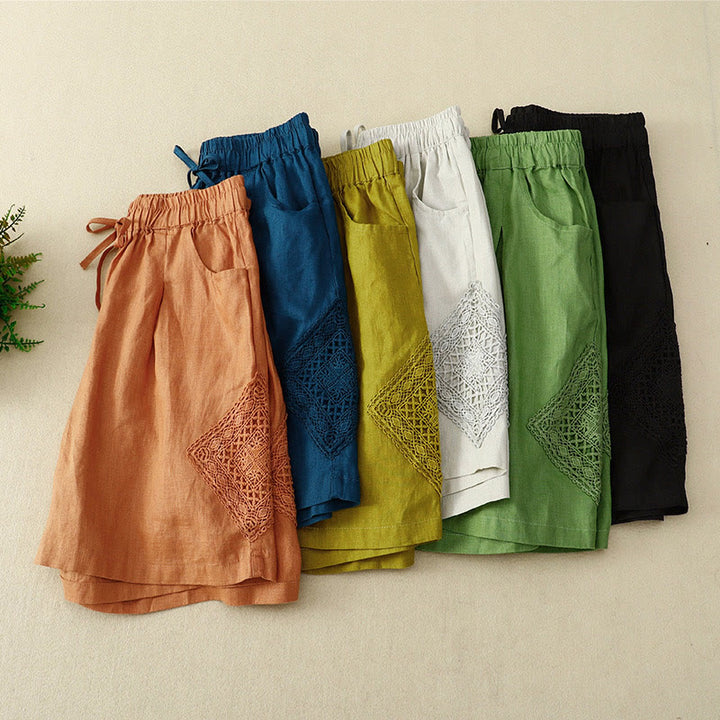 Buddha Stones Casual Solid Color Side Hollow Design Lace-up Cotton Linen Women's Shorts With Pockets