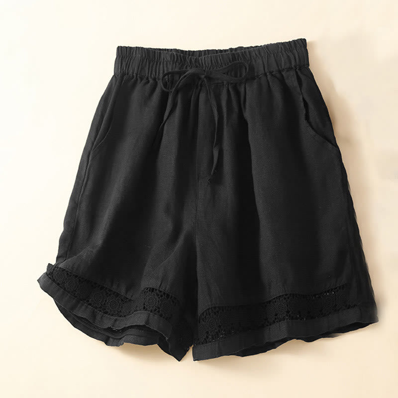Buddha Stones Plain Color Bottom Hollow Lace Design Lace-up Cotton Linen Women's Shorts With Pockets - Black - US12，UK/AU16，EU44 (3XL) - image 17