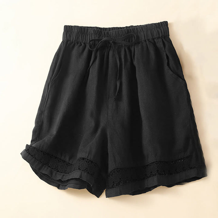 Buddha Stones Plain Color Bottom Hollow Lace Design Lace-up Cotton Linen Women's Shorts With Pockets - Black - US12，UK/AU16，EU44 (3XL) - image 17